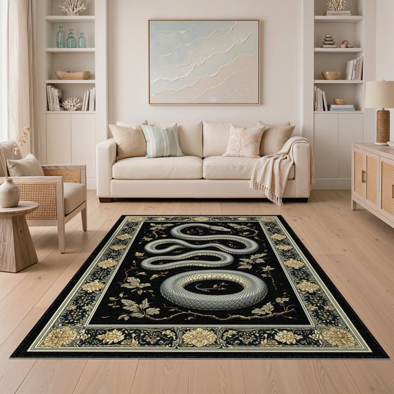 ODIKA 5'x7' Washable Area Rug Easy Care, Non-Shedding, Pet Friendly, Snake Gothic Moody Symmetrical Mirrored Serpent Coiled Border for Small Living Room, Bedroom