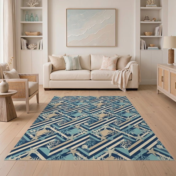 ODIKA 5'x7' Washable Area Rug Easy Care, Non-Shedding, Pet Friendly, Starfish Coral Seashell Nautical Motifs Striped Marine Mosaic Playful Expressive for Small Living Room, Bedroom