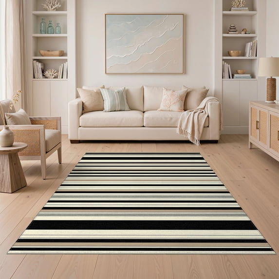 ODIKA 5'x7' Washable Area Rug Easy Care, Non-Shedding, Pet Friendly, Striped Farmhouse Entrance Featuring Horizontal Stripes Doormat for Small Living Room, Bedroom