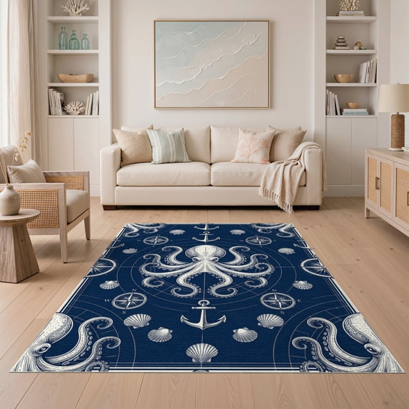 ODIKA 5'x7' Washable Area Rug Easy Care, Non-Shedding, Pet Friendly, Vintage Ocean Navigation Theme Featuring Cephalopod Nautical for Small Living Room, Bedroom