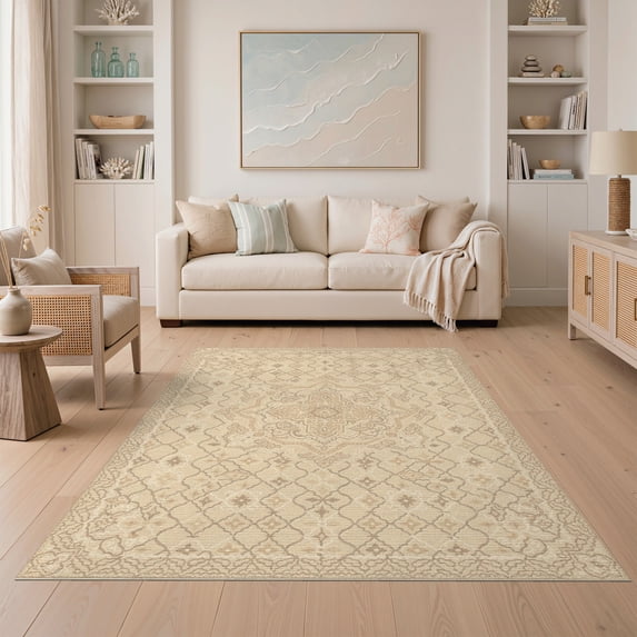 ODIKA 5'x7' Washable Area Rug Farmhouse Boho Trellis Vintage Border Neutral Cream Pink Beige Flowing Dynamic for Dining Room, Under Table, Home Office, Non-Slip Chair-Friendly