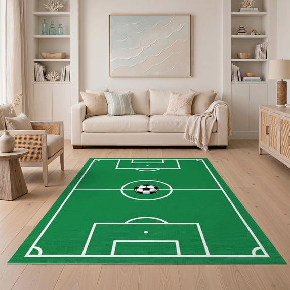 ODIKA 5'x7' Washable Area Rug Field Pitch Bold Goal Interactive Velvet Practice Football Soccer Refined for Small Living Room, Bedroom, Easy Care, Non-Shedding, Pet Friendly
