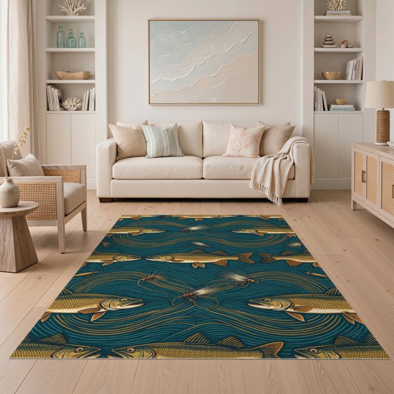 ODIKA 5'x7' Washable Area Rug Fish Theme Vintage Motif Scattered Arrangement Fly Border Decor for Small Living Room, Bedroom, Easy Care, Non-Shedding, Pet Friendly
