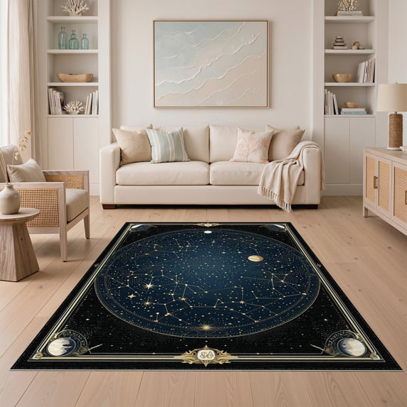 ODIKA 5'x7' Washable Area Rug Galaxy Constellation Chart With Star Map Planet Rings Celestial Design for Small Living Room, Bedroom, Easy Care, Non-Shedding, Pet Friendly
