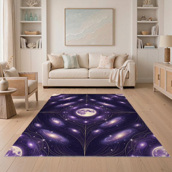 ODIKA 5'x7' Washable Area Rug Galaxy Glowing Cosmic Swirl Motif Constellation Purple Starry Refined Structured for Guest Room, Lounge, Apartment, Non-Slip Low Profile, Stain Resistant