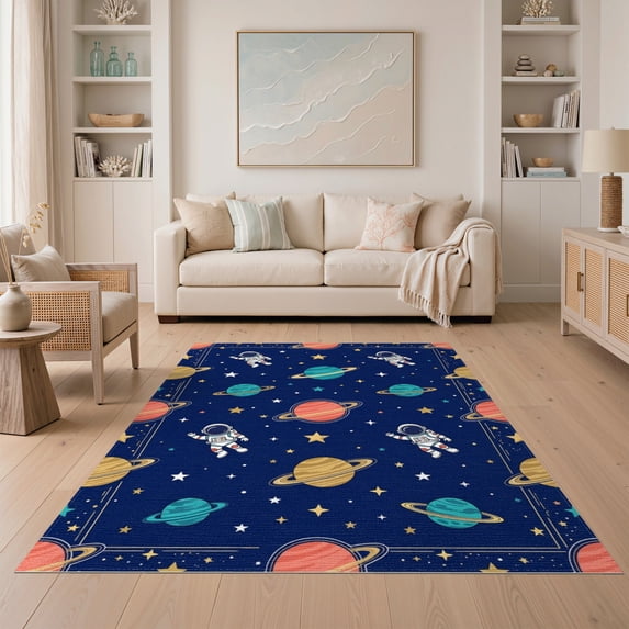 ODIKA 5'x7' Washable Area Rug Galaxy Stars Planetary Border Planets Themed Large Astronaut Refined Structured for Small Living Room, Bedroom, Easy Care, Non-Shedding, Pet Friendly