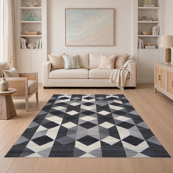 ODIKA 5'x7' Washable Area Rug Geometric Grid Abstract Interlocking Lattice Grey Alfombras Para for Dining Room, Under Table, Home Office, Non-Slip Chair-Friendly