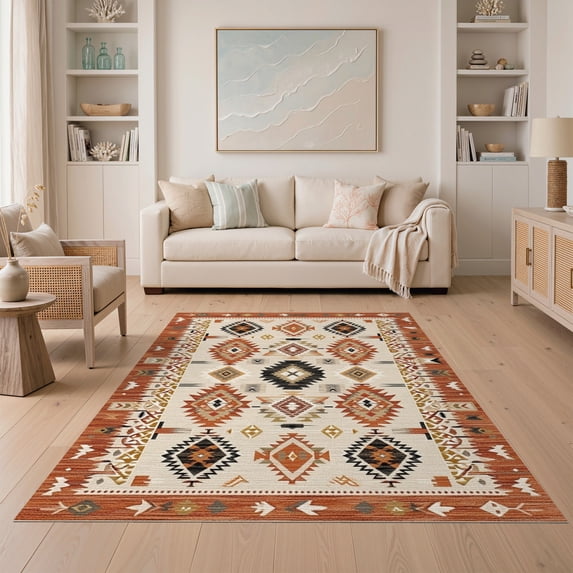 ODIKA 5'x7' Washable Area Rug Geometric Southwestern Trellis Neutral Farmhouse Boho Minimalist for Small Living Room, Bedroom, Easy Care, Non-Shedding, Pet Friendly