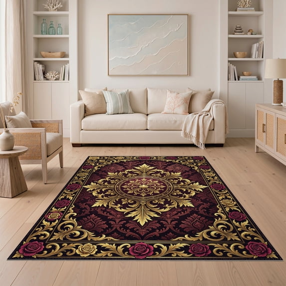 ODIKA 5'x7' Washable Area Rug Gold Antique Burgundy Design Art ...