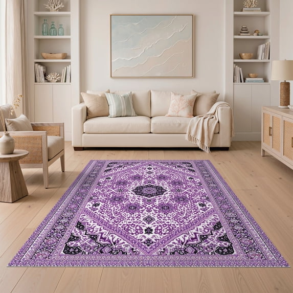 ODIKA 5'x7' Washable Area Rug Gothic Tie Dye Symmetrical Mystic Purple Swirl Ombre for Dining Room, Under Table, Home Office, Non-Slip Chair-Friendly