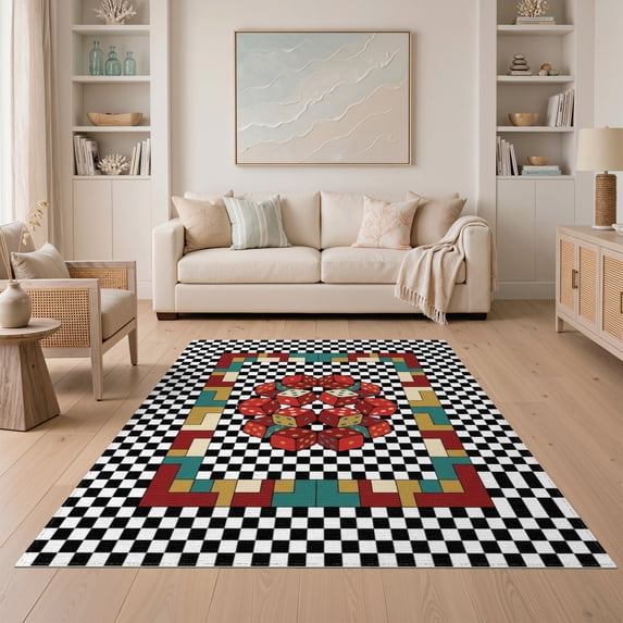 ODIKA 5'x7' Washable Area Rug Graphic Funky Aesthetic Checkerboard Men Cartoon Alt Dice Playful for Small Living Room, Bedroom, Easy Care, Non-Shedding, Pet Friendly