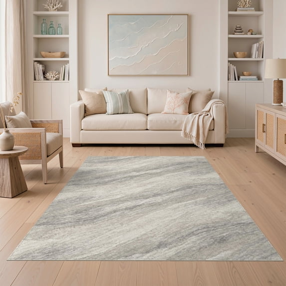 ODIKA 5'x7' Washable Area Rug Grey Abstract Muted Cream Taupe Diffused Veining Drifting Fluid for Guest Room, Lounge, Apartment, Non-Slip Low Profile, Stain Resistant