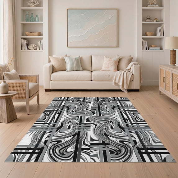 ODIKA 5'x7' Washable Area Rug Grey Abstract Swirling Grid Design Modern Minimalist Marble-Inspired Symmetry for Small Living Room, Bedroom, Easy Care, Non-Shedding, Pet Friendly