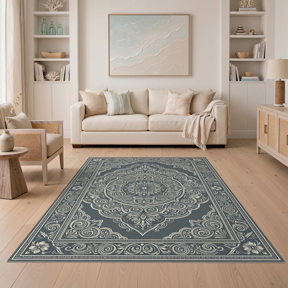 ODIKA 5'x7' Washable Area Rug Grey Neutral Crisp Vintage Ornamental Ivory Tan Boho Ash for Dining Room, Under Table, Home Office, Non-Slip Chair-Friendly