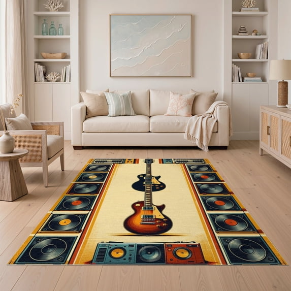 ODIKA 5'x7' Washable Area Rug Guitar Rock Music Themed Vintage Vinyl Amplifier Motifs Record for Small Living Room, Bedroom, Easy Care, Non-Shedding, Pet Friendly