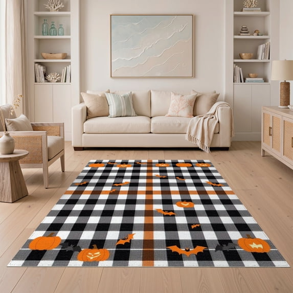 ODIKA 5'x7' Washable Area Rug Halloween Plaid Striped Pumpkin Bat Motif Farmhouse Fallc Door for Dining Room, Under Table, Home Office, Non-Slip Chair-Friendly