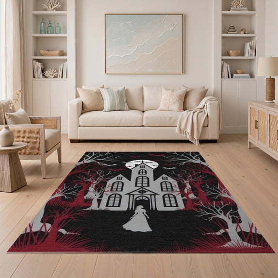 ODIKA 5'x7' Washable Area Rug Haunted Horror Eerie Spooky Gothic Border Mansion Bats Halloween Flowing Dynamic for Small Living Room, Bedroom, Easy Care, Non-Shedding, Pet Friendly