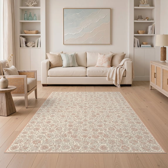 ODIKA 5'x7' Washable Area Rug Ivory Faded Tug Botanical Motif Dense Symmetrical Layout Vintage for Guest Room, Lounge, Apartment, Non-Slip Low Profile, Stain Resistant