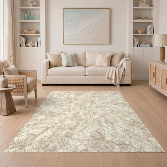 ODIKA 5'x7' Washable Area Rug Key Mosaic Cracked Vein Designer Motif Sculptures Cream Abstract Flowing Dynamic for Dining Room, Under Table, Home Office, Non-Slip Chair-Friendly