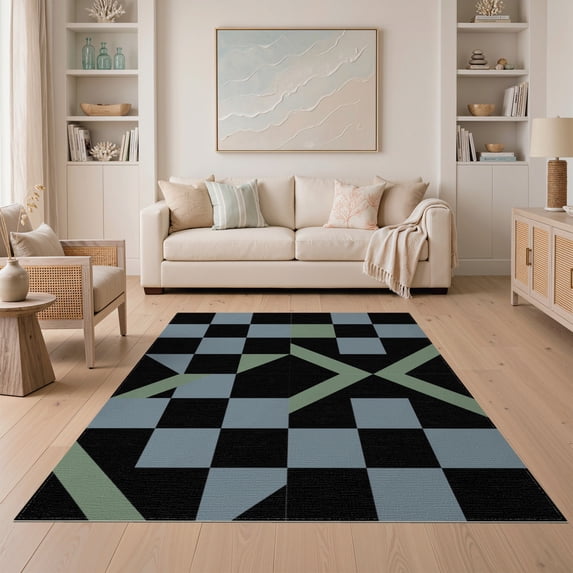 ODIKA 5'x7' Washable Area Rug Large Rectangular Block Alternating Grid Contemporary Blackrug for Small Living Room, Bedroom, Easy Care, Non-Shedding, Pet Friendly