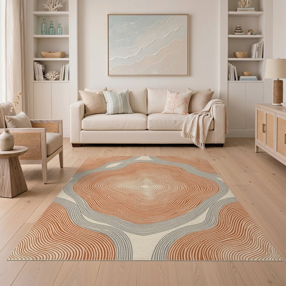 ODIKA 5'x7' Washable Area Rug Layered Elevation Map Abstract Lines Flowing Topographic Wavy Refined Structured for Guest Room, Lounge, Apartment, Non-Slip Low Profile, Stain Resistant