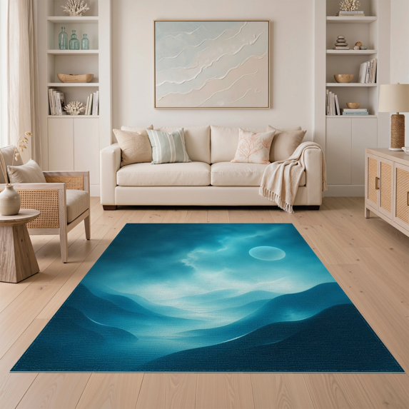 ODIKA 5'x7' Washable Area Rug Midnight Blue Deep Serene Waves Design Elegant Flowing Lines and Tranquil Moon Motif for Small Living Room, Bedroom, Easy Care, Non-Shedding, Pet Friendly