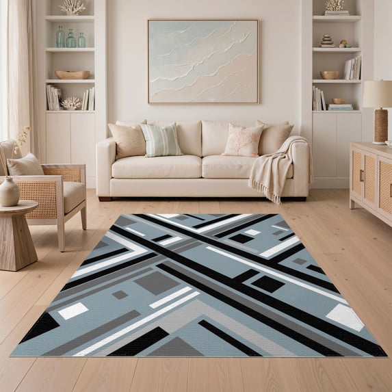ODIKA 5'x7' Washable Area Rug Modern Design With Bold Diagonal Bands Abstract Striped Minimalist Playful for Dining Room, Under Table, Home Office, Non-Slip Chair-Friendly