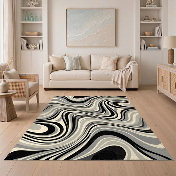 ODIKA 5'x7' Washable Area Rug Modern Marbled With Boho Swirling Vein Motif Accents Abstract Flowing Dynamic for Guest Room, Lounge, Apartment, Non-Slip Low Profile, Stain Resistant