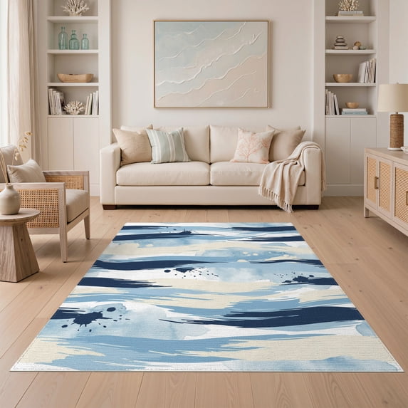 ODIKA 5'x7' Washable Area Rug With Modern Watercolor Wave Motifs Abstract Brushstroke Design Playful for Guest Room, Lounge, Apartment, Non-Slip Low Profile, Stain Resistant