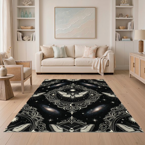 ODIKA 5'x7' Washable Area Rug Moth Gothic Mystical Galaxy Tarot Motif Witchy Death Academia Refined Structured for Guest Room, Lounge, Apartment, Non-Slip Low Profile, Stain Resistant