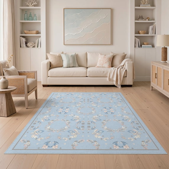 ODIKA 5'x7' Washable Area Rug Motif Whimsical Scattered Polka Dot Motifs Scallop Pink Boho Wreath Playful for Guest Room, Lounge, Apartment, Non-Slip Low Profile, Stain Resistant