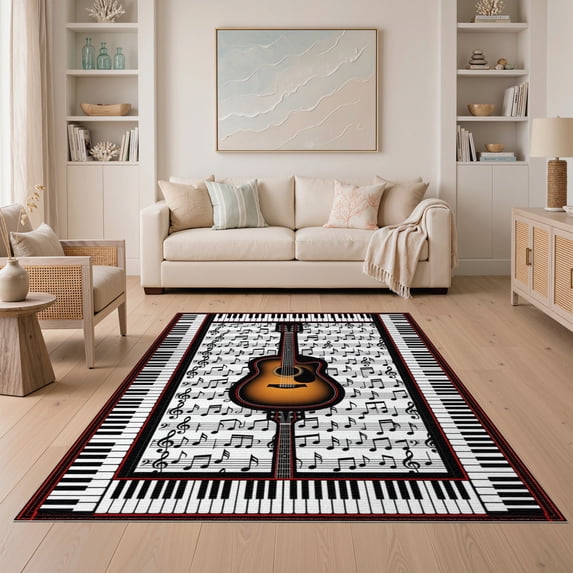 ODIKA 5'x7' Washable Area Rug Music Cd Piano Keyboard Border Musical Notes Guitar Motif Disc for Dining Room, Under Table, Home Office, Non-Slip Chair-Friendly