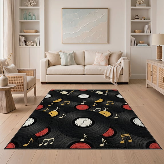 ODIKA 5'x7' Washable Area Rug Music Nostalgic Note Showcasing Layered Disc Round Vinyl Record for Guest Room, Lounge, Apartment, Non-Slip Low Profile, Stain Resistant