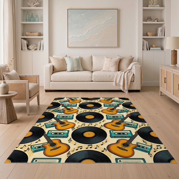 ODIKA 5'x7' Washable Area Rug Music Sound Note Equipment Nostalgic Entertainment Round Movie for Guest Room, Lounge, Apartment, Non-Slip Low Profile, Stain Resistant