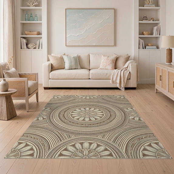 ODIKA 5'x7' Washable Area Rug Neutral Farmhouse Border Beige That Couch Bohemian Boho Cream Refined Structured for Guest Room, Lounge, Apartment, Non-Slip Low Profile, Stain Resistant