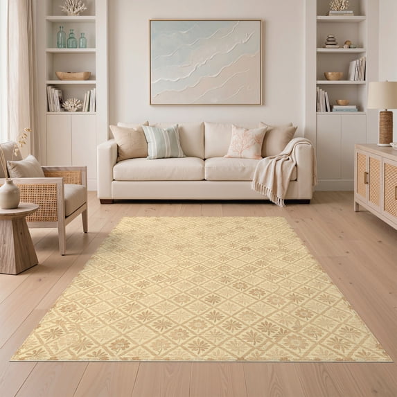 ODIKA 5'x7' Washable Area Rug Neutral Retro Cream Lattice Botanical Motif Featuring Stylized for Dining Room, Under Table, Home Office, Non-Slip Chair-Friendly