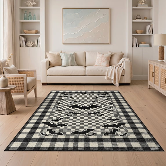 ODIKA 5'x7' Washable Area Rug Non-Slip, Chair-Friendly Bat Spooky Welcome Plaid Checkered Front Door Border Halloween Flowing Dynamic for Dining Room, Under Table, Home Office