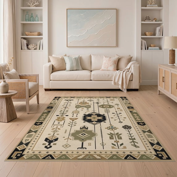 Beige Tan Pattern Rug ODIKA 5'x7' Washable Area Rug Non-Slip, Chair-Friendly Beige Olive ...