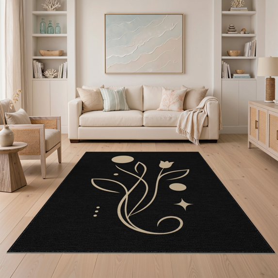 ODIKA 5'x7' Washable Area Rug Non-Slip, Chair-Friendly Black Beige Floral Abstract Design Elegant Botanical Motif with Geometric Accents for Dining Room, Under Table, Home Office