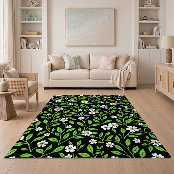 ODIKA 5'x7' Washable Area Rug Non-Slip, Chair-Friendly Black Botanical ...