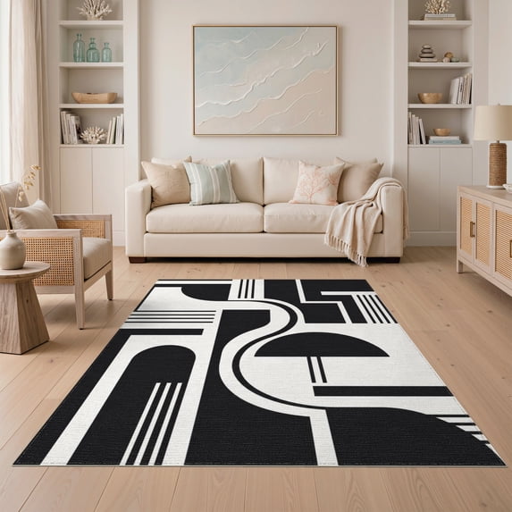 ODIKA 5'x7' Washable Area Rug Non-Slip, Chair-Friendly Black White Geometric Art Inspired Design Elegant Contrast with Bold Symmetrical for Dining Room, Under Table, Home Office