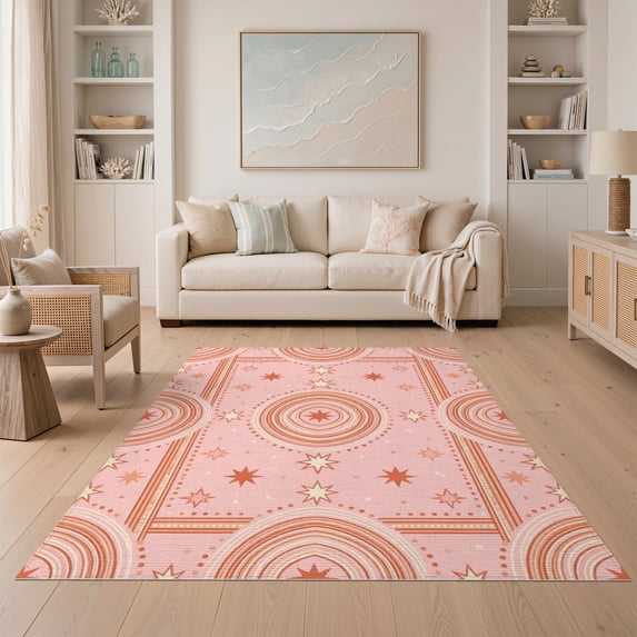 ODIKA 5'x7' Washable Area Rug Non-Slip, Chair-Friendly Boho Scallop Arch Motifs Tossed Dot Scattered Dotted Pink Cute Refined for Dining Room, Under Table, Home Office