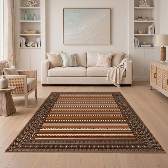 ODIKA 5'x7' Washable Area Rug Non-Slip, Chair-Friendly Boho Striped Central Chain Symmetrical Earthy Contrast Decor for Dining Room, Under Table, Home Office