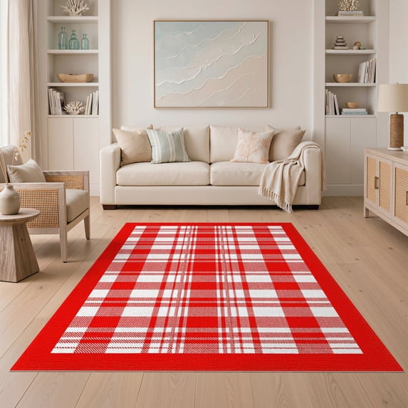 ODIKA 5'x7' Washable Area Rug Non-Slip, Chair-Friendly Checked Motif Farmhouse Gingham Border Frame Plaid Checkered Refined Structured for Dining Room, Under Table, Home Office