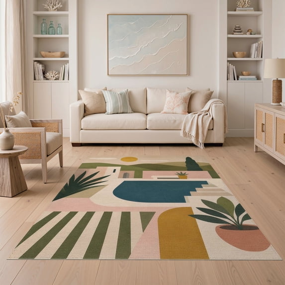 ODIKA 5'x7' Washable Area Rug Non-Slip, Chair-Friendly Earthy Tones Geometric Landscape Abstract Modern Scene with Bold Shapes for Dining Room, Under Table, Home Office