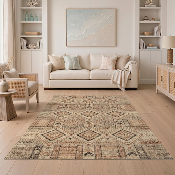 ODIKA 5'x7' Washable Area Rug Non-Slip, Chair-Friendly Entryway Boho Geometric Grid Farmhouse Distressed Motif Border for Dining Room, Under Table, Home Office