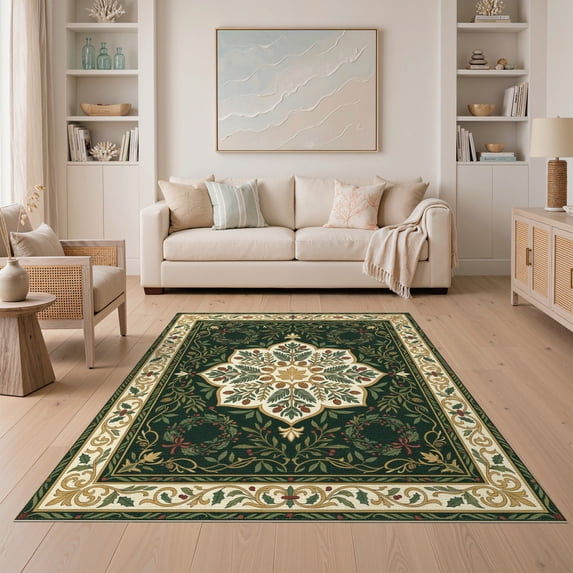 ODIKA 5'x7' Washable Area Rug Non-Slip, Chair-Friendly Foliage Circle Classroom Motivational Chrsitmas Round Leaves Rings Playful for Dining Room, Under Table, Home Office