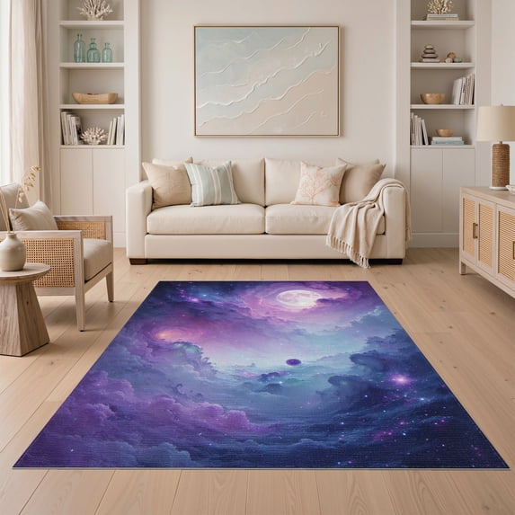 ODIKA 5'x7' Washable Area Rug Non-Slip, Chair-Friendly Galaxy Pink Kawaii Mermaid Tie Dye Bursts Shaped for Dining Room, Under Table, Home Office