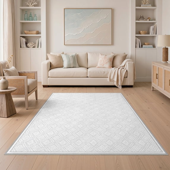 ODIKA 5'x7' Washable Area Rug Non-Slip, Chair-Friendly Under Geometric Plush Dotted Cell Motif Repeating Border Grey for Dining Room, Table, Home Office