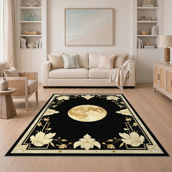ODIKA 5'x7' Washable Area Rug Non-Slip, Chair-Friendly Greek Key Symmetrical Border Glam Round Sparkle Shimmer Sunburst for Dining Room, Under Table, Home Office